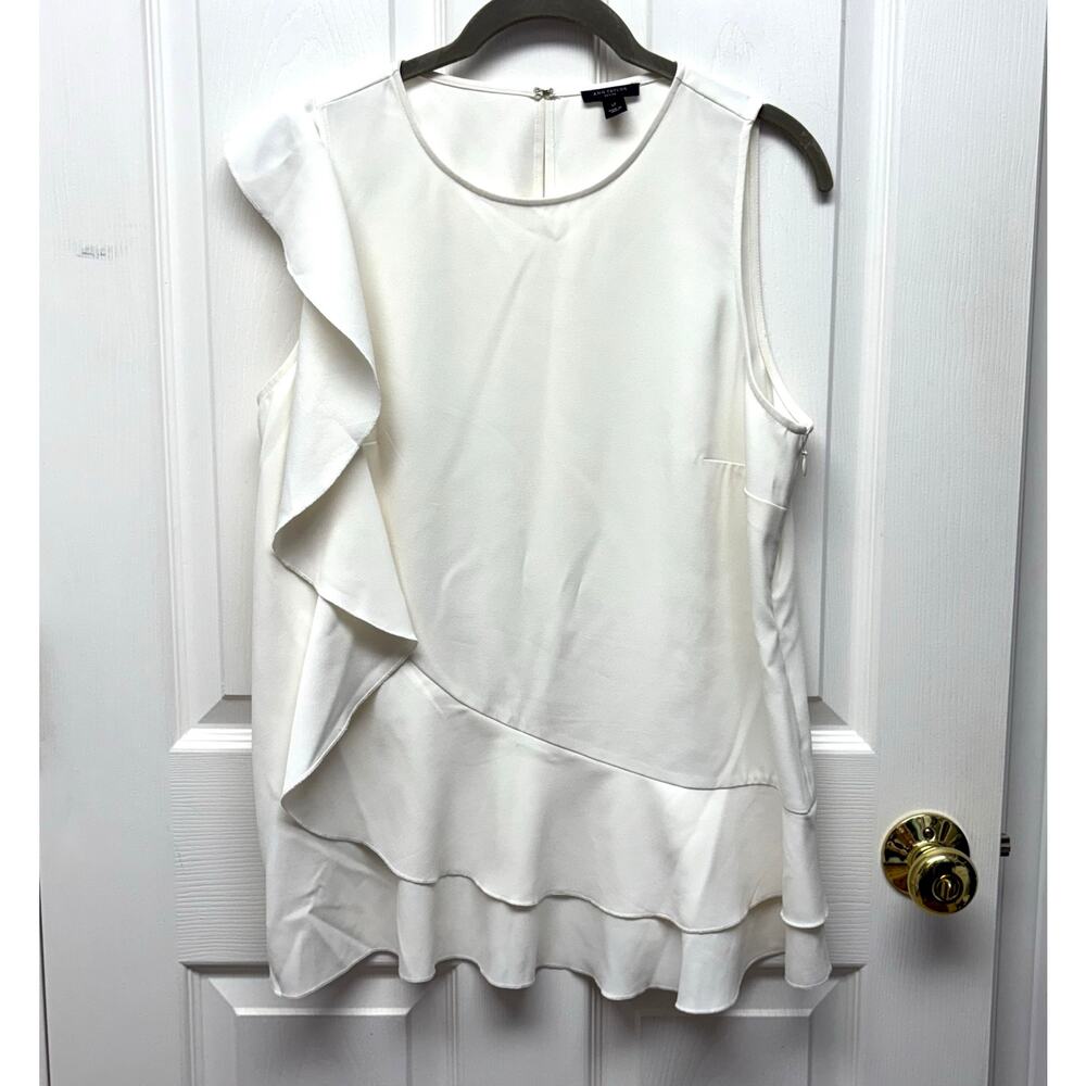 Ann Taylor Blouse Ruffle Cream Asymmetrical Tunic, Off White Women's Size LP